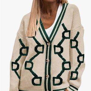Beige and Green Geometric Pattern Sweater